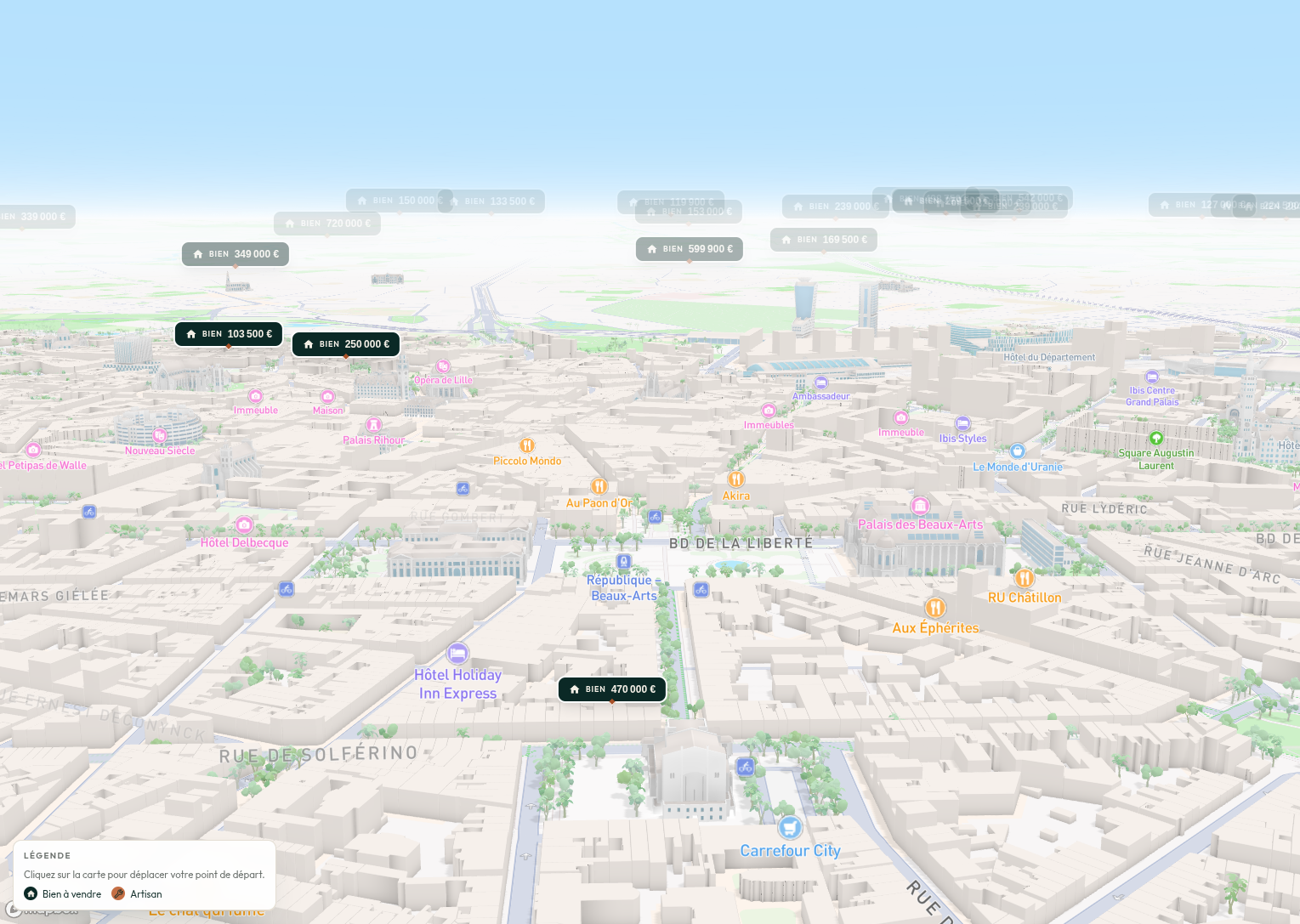 Vue en 3D du centre de Lille, de la place de la République à Euralille, avec les biens à vendre.